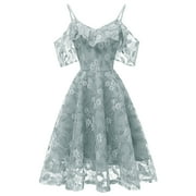 FAFWYP Womens Floral Lace Off-The-Shoulder Vintage Swing Dresses Sexy Strap V Neck Midi Dresses Prom Bridesmaid Dress for Graduation Party Wedding